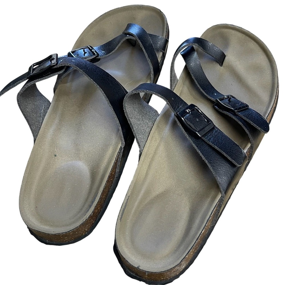 Black Cork Footbed Toe Ring Sandal Double Strap Buckle Women Size 8 Boho‎